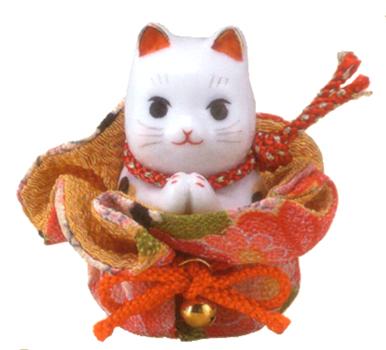 【招き猫 陶器 招福 開運】彩絵ふく福巾着おねがい猫 【招き猫 陶器 招福 開運】彩絵ふく福巾着おねがい猫