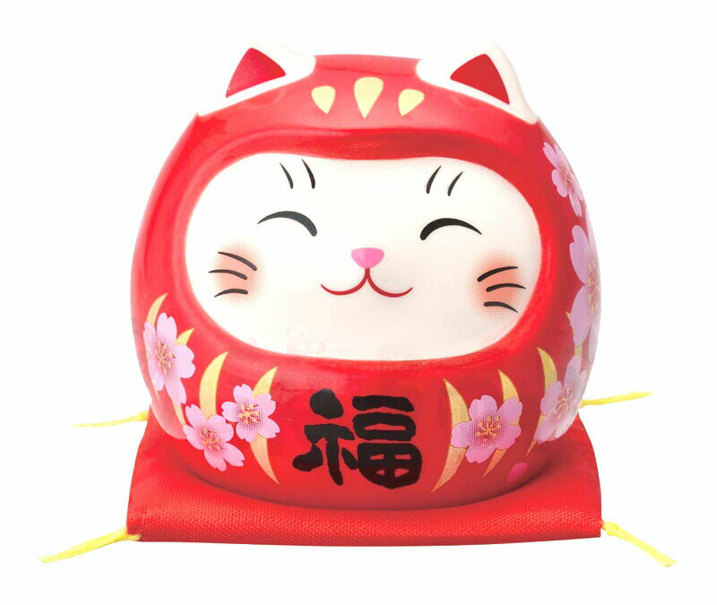 招き猫 陶器 彩絵開運猫だるま 桜 赤福 小のサムネイル