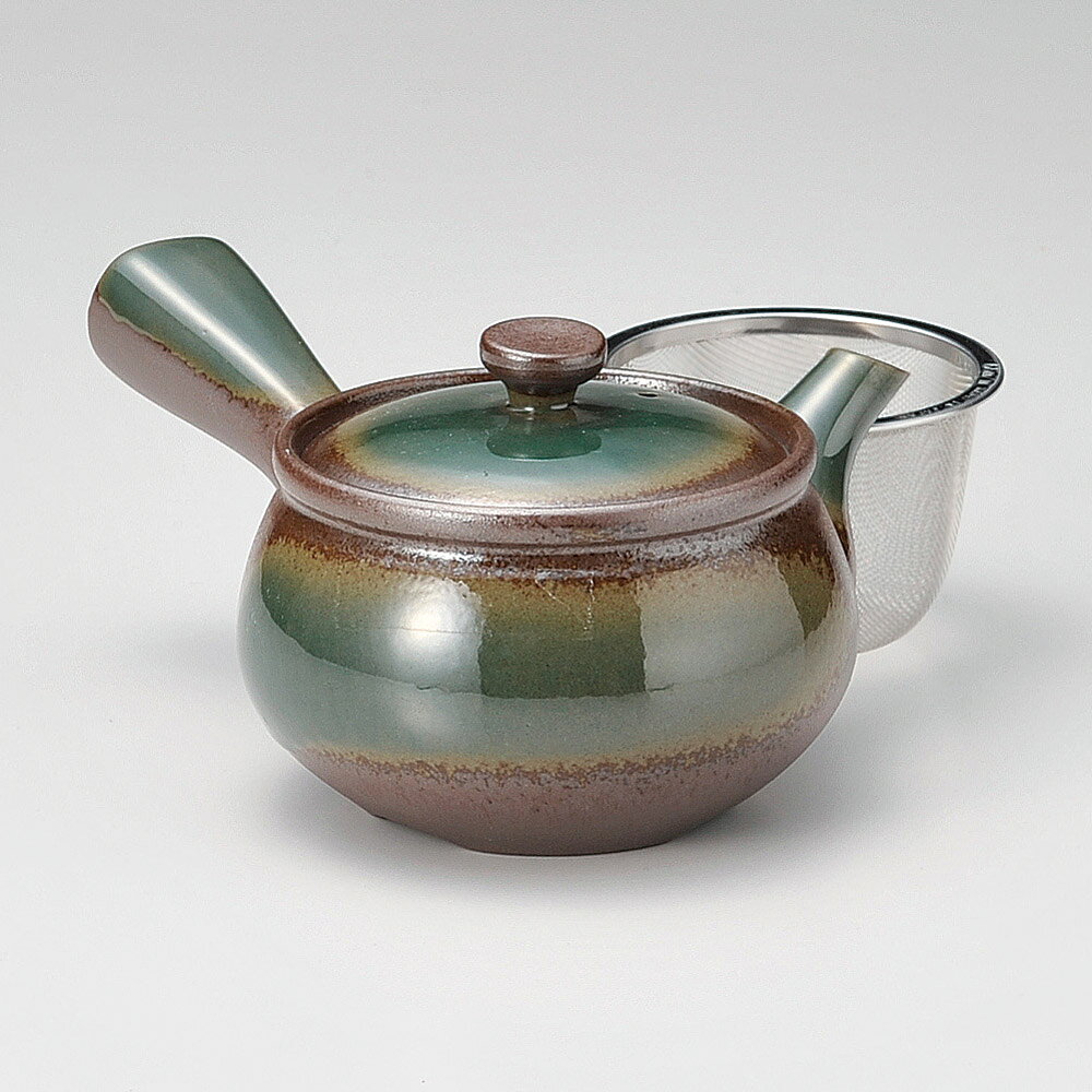 万古急須1.5丸碗織部（カゴ網付）（萬古焼）