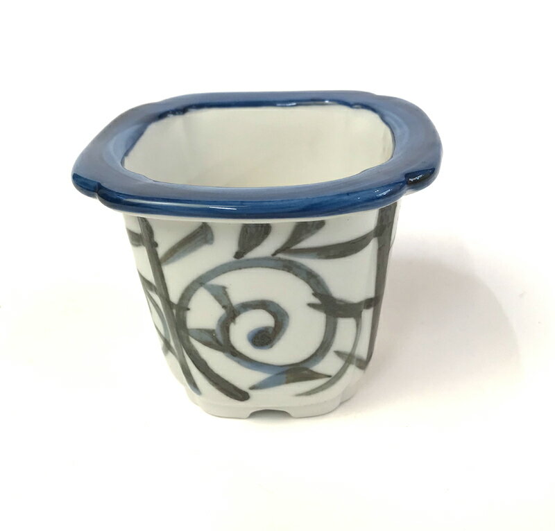 植木鉢 瀬戸染付 3号撫角 蛸唐草 白土　和風植木鉢 盆栽鉢