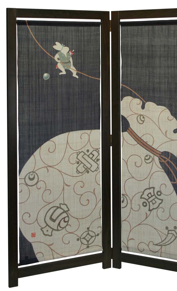 【クーポン！プライス】＜洛柿庵＞（木枠付き）大衝立「うさぎ宝袋」（木枠サイズ）（1面）高135×幅55（×2面）●●●●●●●●●●●●衝立【木枠 繊維】木枠 麻【木枠 うさぎ 柄】和風 木製 衝立【和風 木製 衝立】細タペストリー【タペストリー】