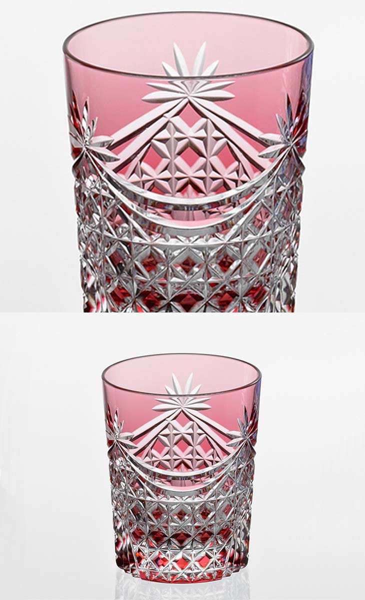 【送料無料】（T370-2835-CAU）カガミクリスタル「江戸切子　ロックグラス」＜幕襞に四角籠目紋＞（木箱入）口径76mmx高さ90mm（240cc）●●●●●●各務クリスタル【江戸切子 ロックグラス】江戸切子 ロック グラス【ウィスキー グラス】のサムネイル