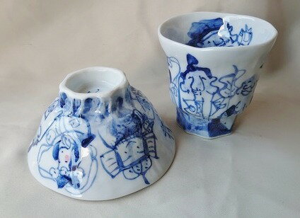 【ギフト/贈答品】【和田一人】【手描き】染付七福神　茶碗/湯呑