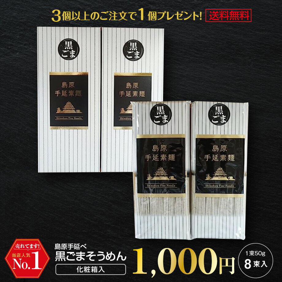 1000円ポッキリ 送料無料 3個購入で1個おまけ 島原手延べそうめん 黒ごまそうめん お試し8束 黒ゴマそ..