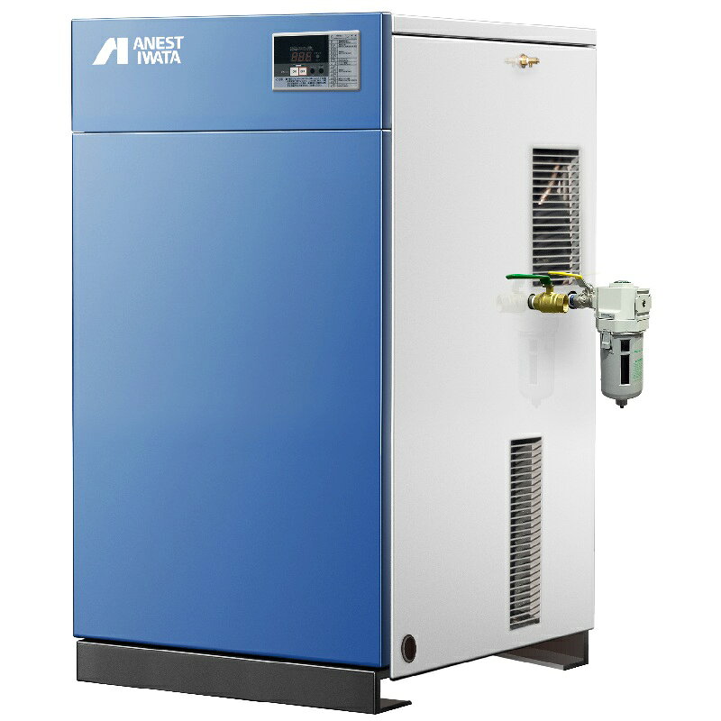 スクロールコンプレッサー：SLPシリーズ Prime (1.5/2.2KW) (パッケージ 無給油式 自動発停止(圧力センサー検知) ドライヤー付き) 　アネスト岩田の無給油式スクロールコンプレッサ「Prime」シリーズは、 　オイル交換が不要でメンテナンスが簡単です。 　パッケージタイプのため、静音性に優れています。 特長 オイルフリー＆スクロール方式で超クリーン 潤滑油を一切使用しないオイルフリー構造と、摩耗の少ないスクロール圧縮方式を組み合わせた高信頼設計です。 食品・医療・電子部品・精密機器など、クリーン度の高い空気を必要とする用途に最適です。 低振動・低騒音設計 スクロール方式特有の滑らかな圧縮により、騒音・振動を大幅に低減しました。 オフィスや研究施設など静音性が求められる環境でも安心して使用できます。 メンテナンス性の高い構造 シンプルかつ部品点数の少ないスクロール機構により、摩耗部品が少なく、点検・整備も容易です。 長期安定運転に貢献します。 スクロールコンプレッサー：SLPシリーズ Prime (1.5〜2.2kW)(パッケージ無給油 自動発停止(圧力センサー検知) ドライヤー付き) 標準仕様表型式定格出力kW制御圧力Mpa吐出し空気量L/min空気タンク容積 L空気取出口Bドライヤー外形寸法幅×奥行×高さmm質量kg騒音値(正面1.5m)dB(A)電圧V加圧露点℃冷媒充填量g諸費電力kW SLP- 15EFPDM5 1.50.65〜0.817020G1/4B15以下R134a1900.21453x682x89512041三相200 SLP- 15EFPDM6 0.23 SLP- 22EFPDM5 2.20.65〜0.825520Rc3/815以下R134a1900.21453x682x89513144三相200 SLP-22EFPDM6 0.23 ●吐出し空気量は最高圧力時に吐き出す空気量を吸込状態 (大気圧) に換算した値です。 ●騒音値は全負荷時、無響音室での測定値です。設置環境により騒音値は異なります。 &nbsp; エアドライヤファンの運転時の騒音値は仕様表より1〜2dB増加します。 ●エアドライヤからの吐き出し空気量はドレン凝縮により圧縮機の吐き出し空気量から約3〜5％減少します。 ●ドライヤ圧力下露点は周囲温度30℃、相対湿度 70％、各吐き出し圧力時の値で12℃以下です。 ●外形寸法はパッケージの外周寸法です。ボールバルブ等の突起物は含みません。 ●形式末尾に付いている記号の意味は以下のとおりです。 &nbsp; C：単相100V（周波数フリー）　　 C5/C6：単相100V・50Hz/60Hz 専用仕様 &nbsp; M：三相200V（周波数フリー）　　M5/M6：三相200V・50Hz/60Hz 専用仕様 SLP-22EFPDM6 アネスト岩田※この画像は参考画像です。(実際とは多少異なる場合がございます。)