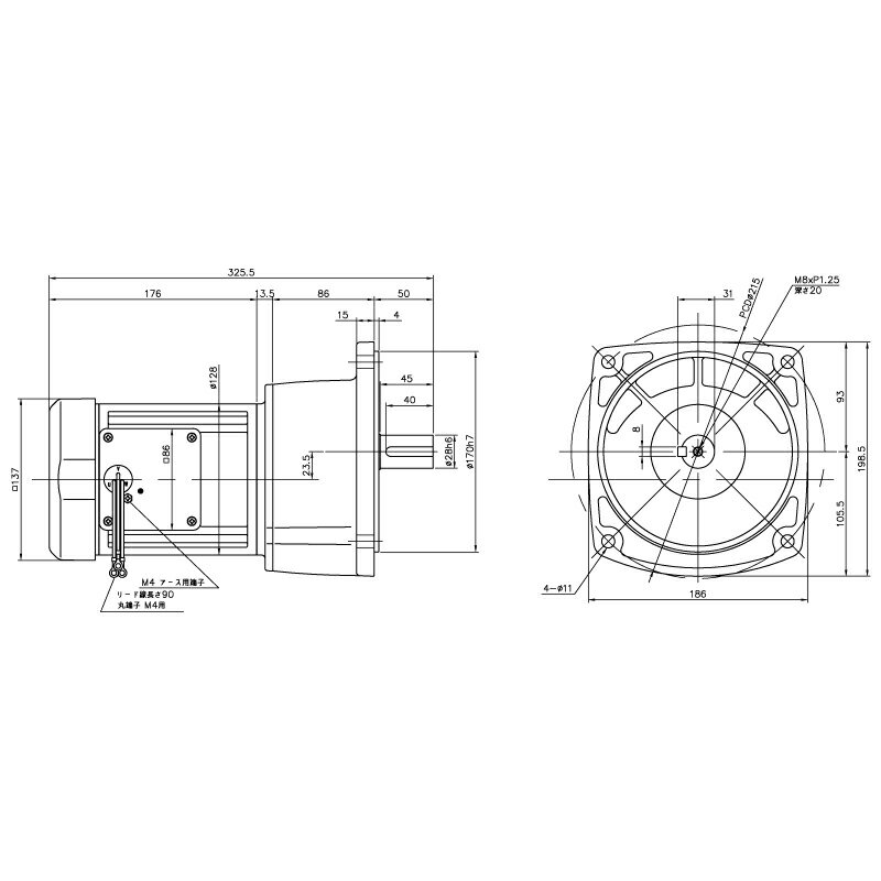 ニッセイ ギヤードモーター G3F28N50-MM04TNNNN 平行軸 フランジ取付 0.4kW 減速比1/50 三相 200V ブレーキなし ターミナルボックスなし(4)