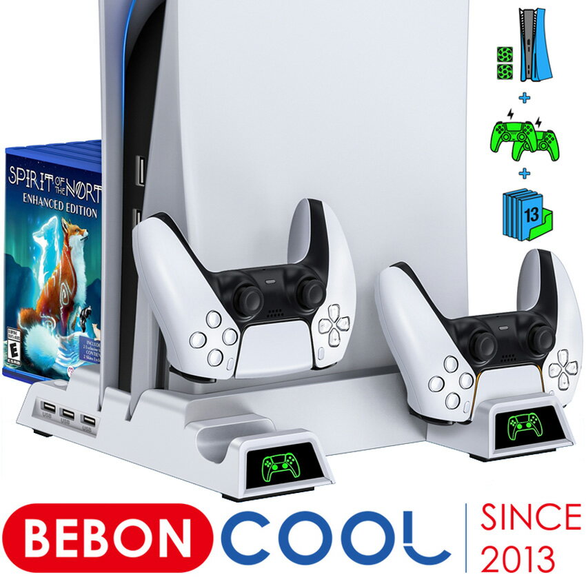 BEBONCOOL ps5 スタンド 縦置き ps5 充電スタンド 冷却ファン コントローラー 充電器 2台同時充電 多機能 収納 静音 プレイステーショ..