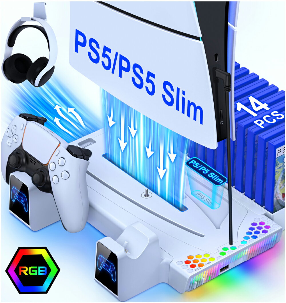 【2023年最新slim版】PS5 Silm/PS5 スタンド BEBONCOOL PS5 Slim冷却ファン PS5/PS5 Silm縦置き 冷却 スタンド 2台同時充電 3段階冷却 PS5ディスク-デジタル兼用 充電指示ランプ付 収納 多機能 ネジ付 USBケーブル付 ドックRGBライト