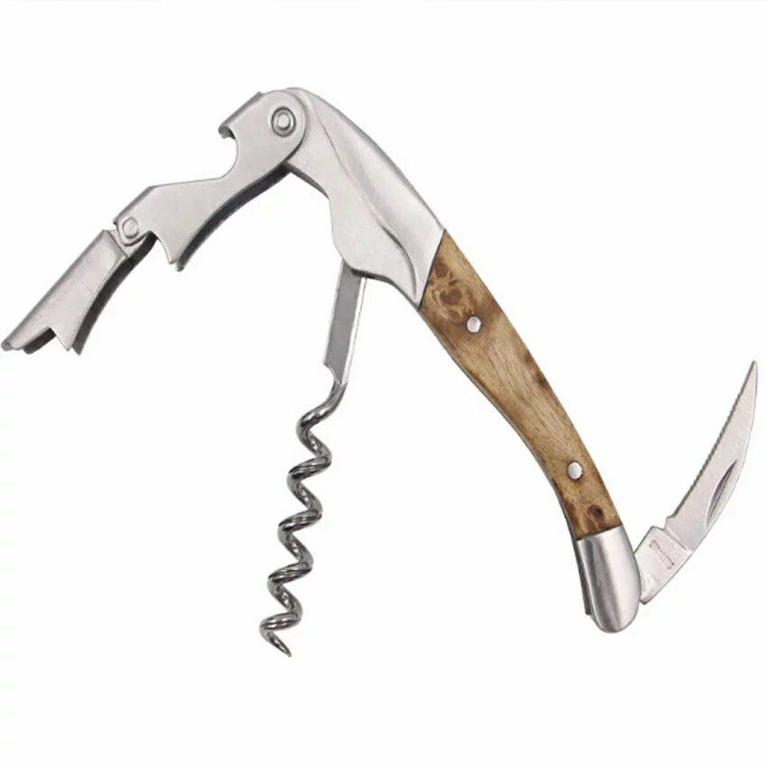 ステンレス ワインオープナー ナイフ コルク 栓抜き ボトル インテリア おしゃれ レトロ 木目 金属 重..