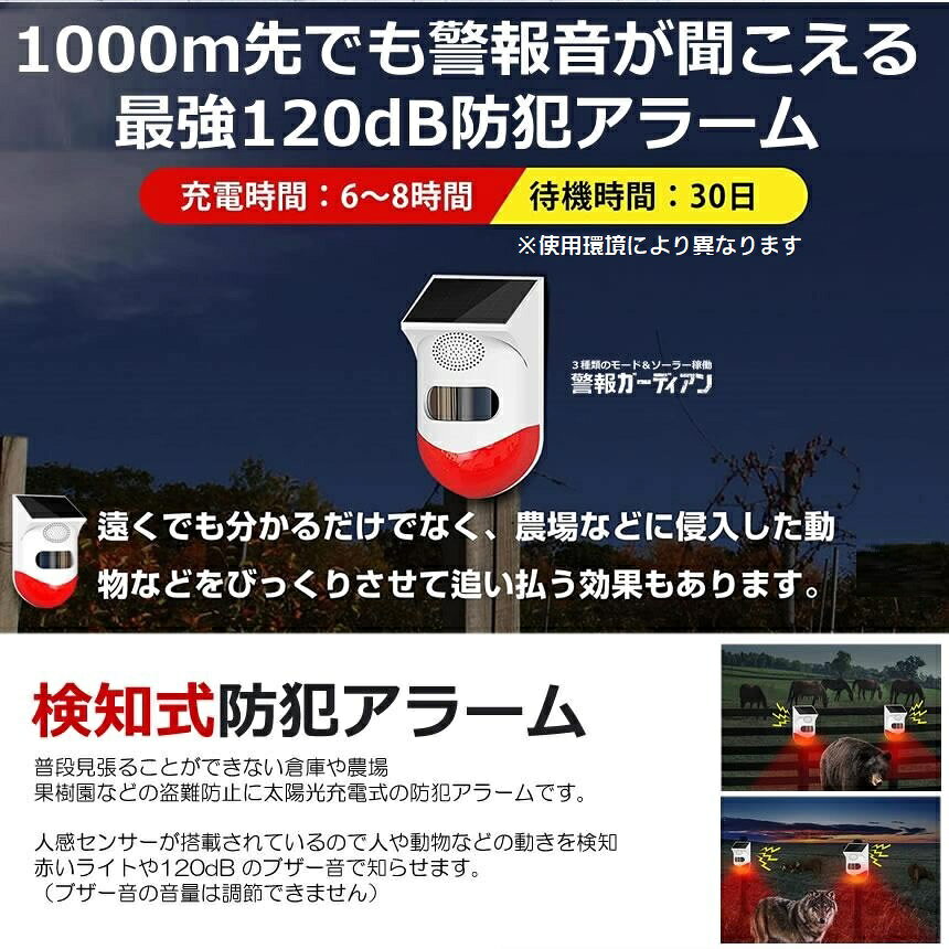 防犯アラーム ブザー LED警告灯 人感センサー 侵入 ソーラー充電 赤色灯 警報機 120db ブザー音 警告アラーム IP6 seven-eight-10005079 SEVEN-EIGHT楽天市場店 サンプル画像2