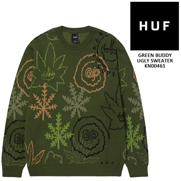 ハフ セーター 長袖ニット HUF GREEN BUDDY UGLY SWEATER KN00461 Green グリーン 大きいサイズ 2XL XXL スケート SB スケートボード メンズ 男性 スケーター ストリート SK8 ブランド