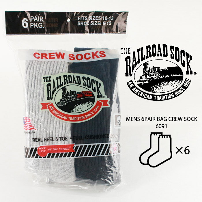 レイルロードソックス 6足入り靴下 THE RAILROAD SOCK MENS 6PAIR BAG CREW SOCK 6091 Black Grey 黒 グレー クルーソックス 靴下 6P 6枚パック