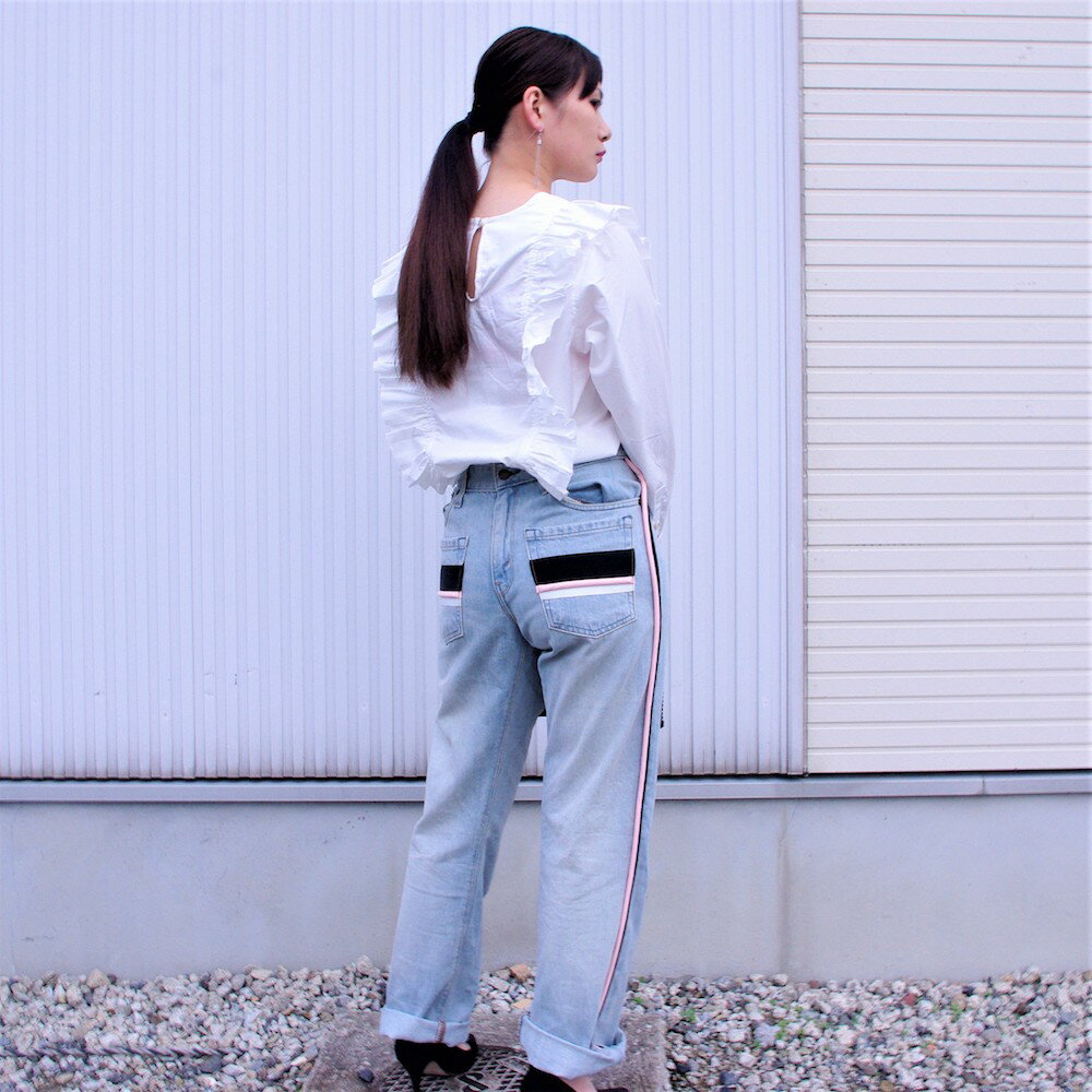 カスタムワイドデニムパンツ non-18a-8-019 blue size:f フリーサイズ 前後着用可能 ノントウキョウ リメイク ラインパンツ ジーンズ ストリートカジュアル