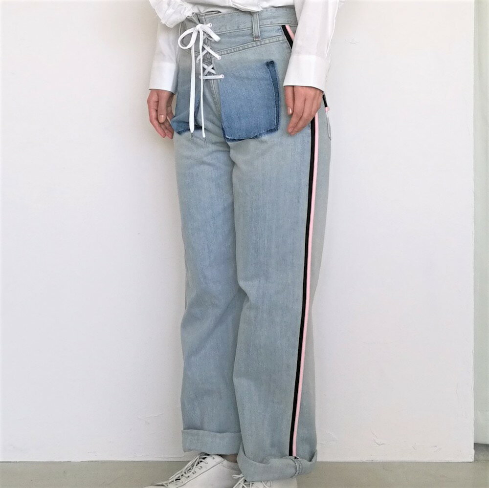 カスタムワイドデニムパンツ non-18a-8-019 blue size:f フリーサイズ 前後着用可能 ノントウキョウ リメイク ラインパンツ ジーンズ ストリートカジュアル