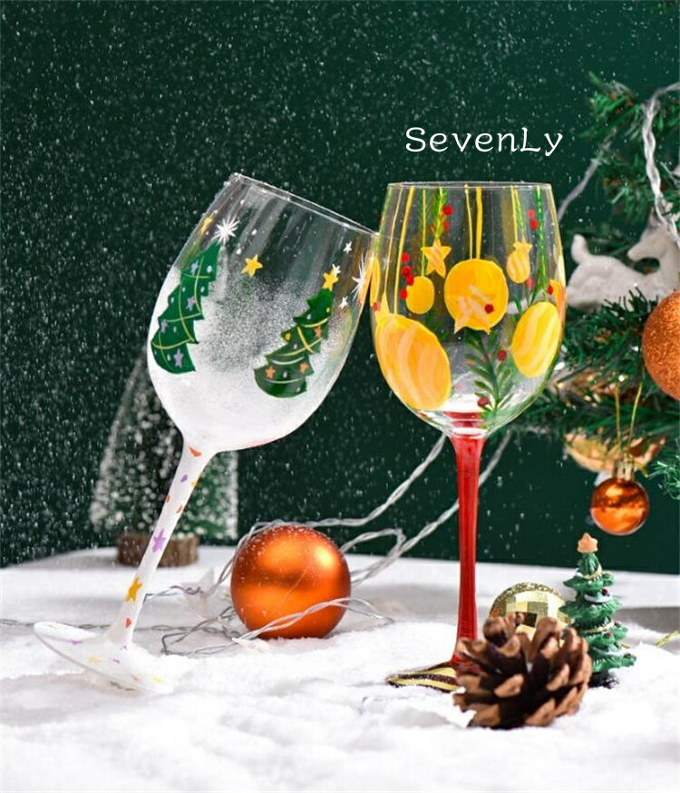 SevenLy 趣味豊かな手描き彩色ガラスハイボール クリスマスツリー & サンタクロース柄 薄型軽量 クリス..