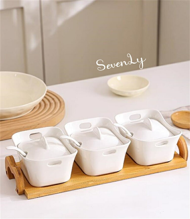 Rakuten - SevenLy セラミック高温焼成 キッチン調味料セット 家庭用調味料瓶 塩・砂糖・味噌・エキス対応 収納ラック付き 調味料ケース キッチンの整理整頓に役立つ 日常に使いやすい実用用品