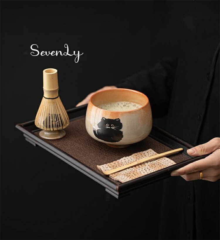 SevenLy 手作り禅意 猫柄抹茶道四件套 セラミック茶筅立て・抹茶碗・抹茶スプーン・百本立て 贈り物に..