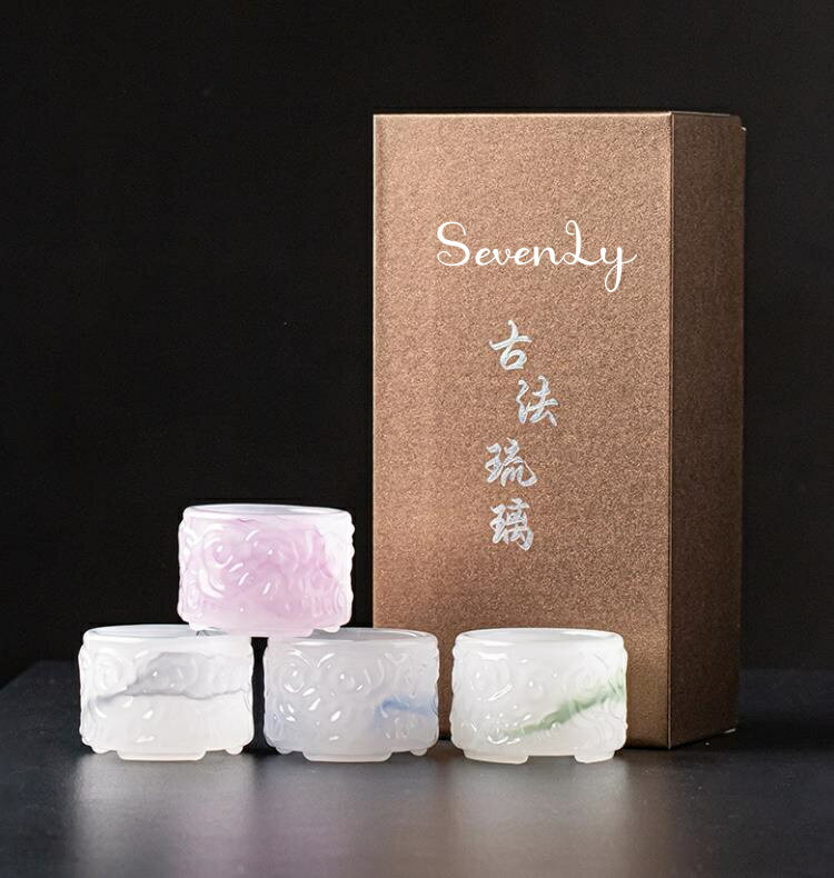 SevenLy 女性用 水墨デザイン瑠璃グラス 4個入り 50ml 家庭用 花茶・果酒・清酒・白酒・烈酒・品茗用 ..