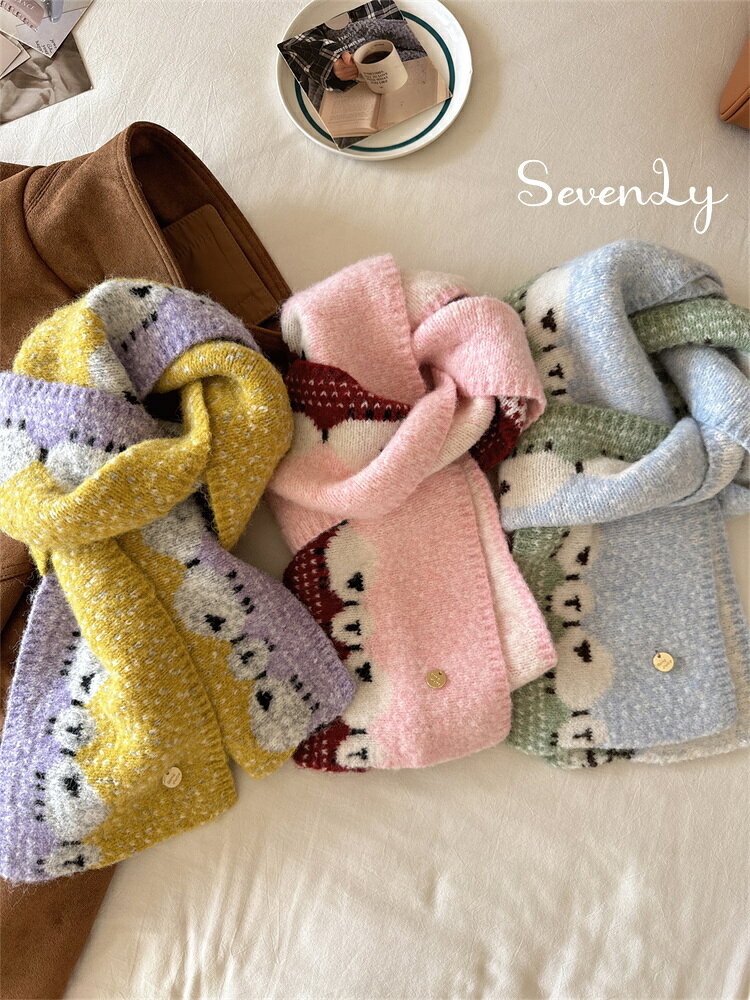 Rakuten - SevenLy 可愛らしい羊柄 2025冬モデル韓国風ニットマフラー 150cm カップル共用品 保温防寒効果あり 男性への誕生日プレゼント 5色展開