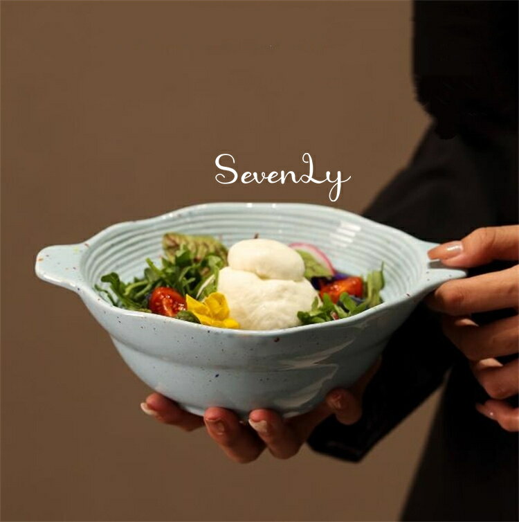SevenLy サイズ選べる耐熱陶器ボウル 350ml/700ml 4色カラーリング 両手持ち構造 家庭用サラダ・スープ..