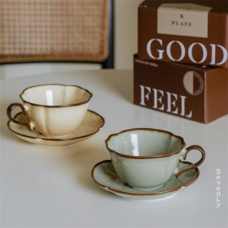 Rakuten - SevenLy 280mlレトロ窑変釉下彩陶器カップ＆ソーサー シンプルデザイン 多機能使用可能 ラテアートやティーに カラー2種ラインナップ
