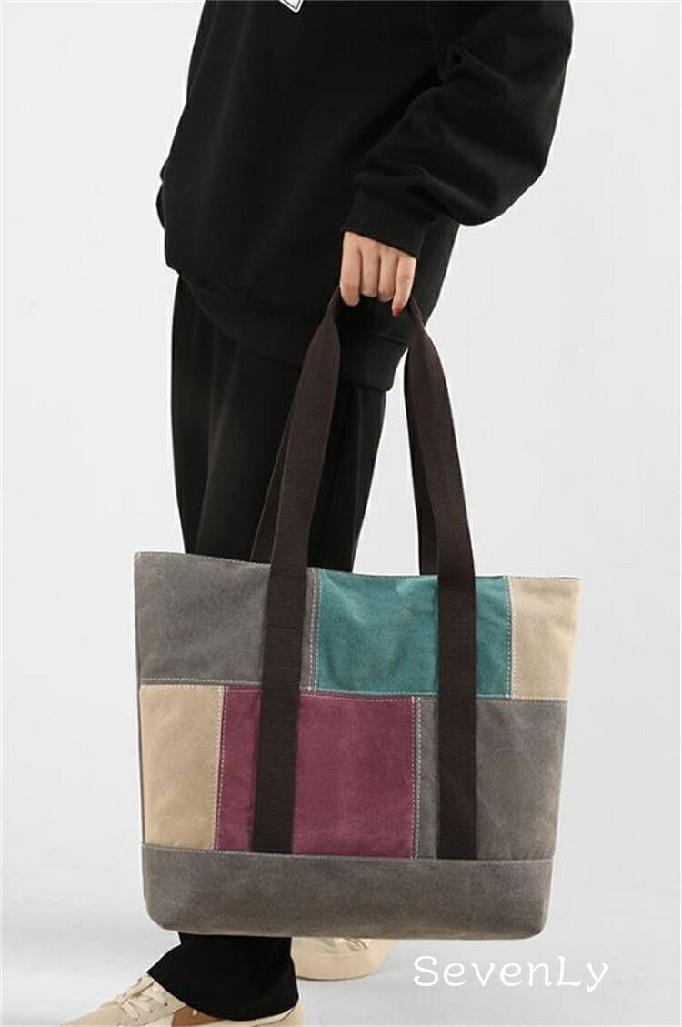 Rakuten - SevenLy レトロでおしゃれなレディーストート 3色から選べる 大容量で軽量0.53kg 頑丈なキャンバス素材 ショルダー兼ハンドタイプ 組み込みデザインで簡単アレンジ