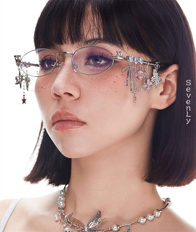 Rakuten - SevenLy 小フレーム楕円形の星ダイヤモンド付きメガネで個性的なギャルスタイルを演出 2026年モデルにブルーライト対策を強化し目を保護