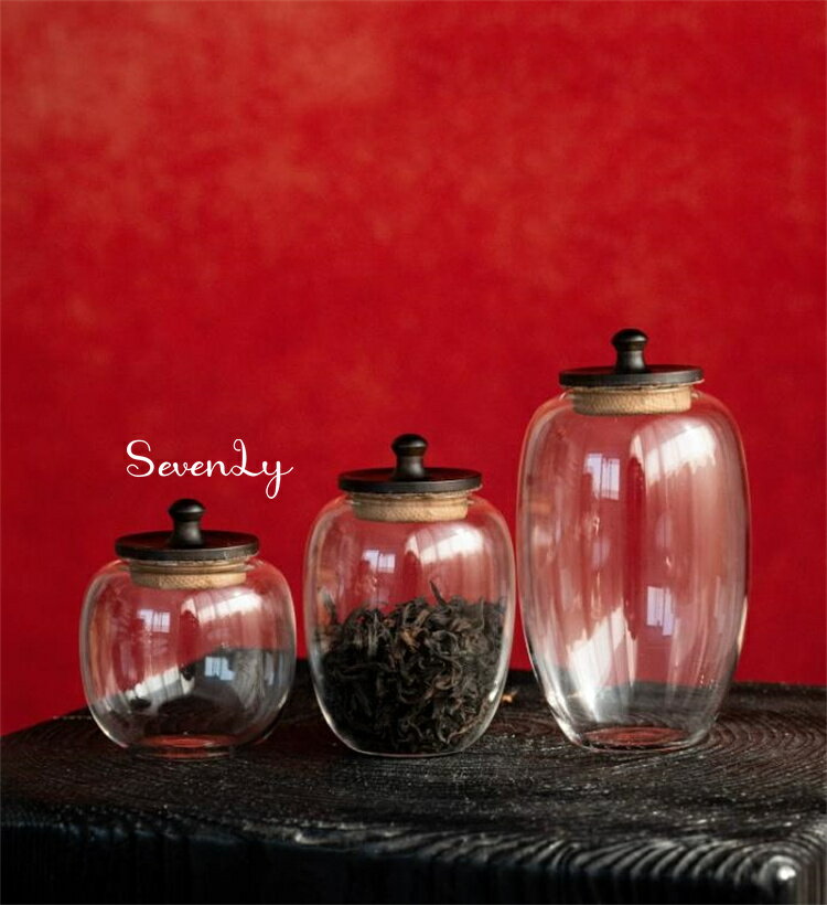 Rakuten - SevenLy 無鉛高透ガラス茶筒 木調密閉蓋付き 3 サイズ展開 140ml/180ml/350ml プーアル茶紅茶乾燥茶葉保管に適し シンプルミニマルデザインインスタ映えティー雑貨