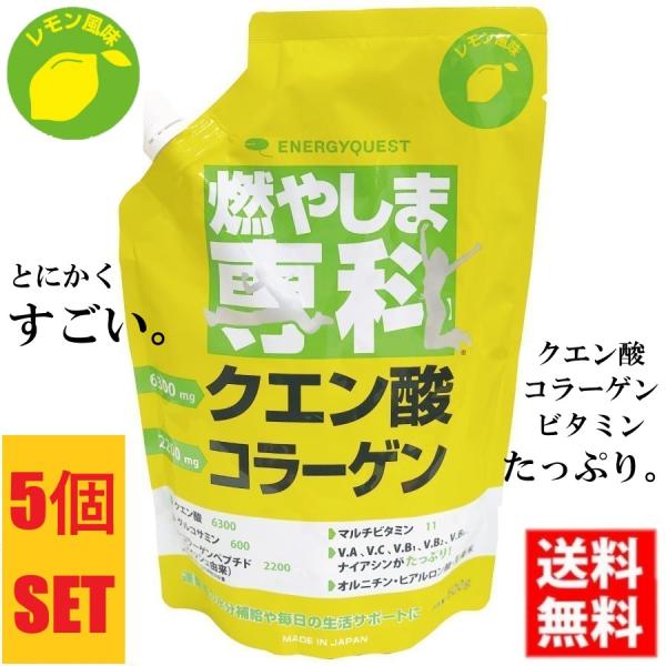 送料無料 燃やしま専科 レモン風味 500g入 5袋セット クエン酸 コラーゲン ダイエット スポーツドリンク エナジークエスト もやしませんか 最安値