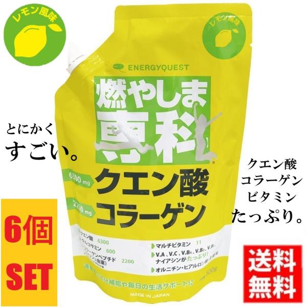 送料無料 燃やしま専科 レモン風味 500g入 6袋セット クエン酸 コラーゲン ダイエット スポーツドリンク エナジークエスト もやしませんか 最安値