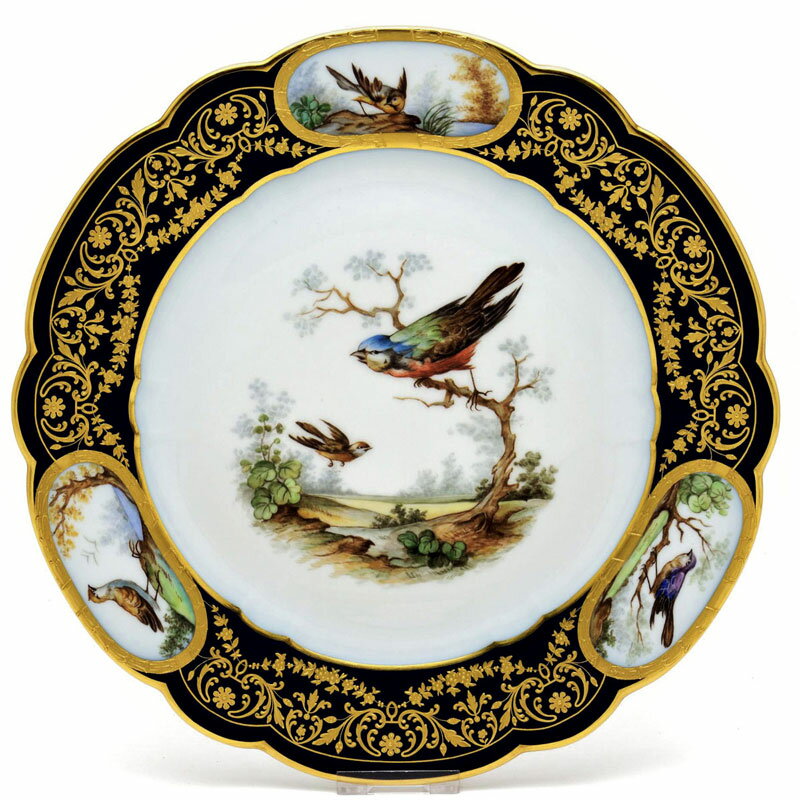 セーブル 飾り皿 絵皿鳥たちのデュプレシス エリゼ宮仕様セーブルブルー 24K金彩縁飾り 2005年復刻硬質磁器製 フランス製 Sevres
