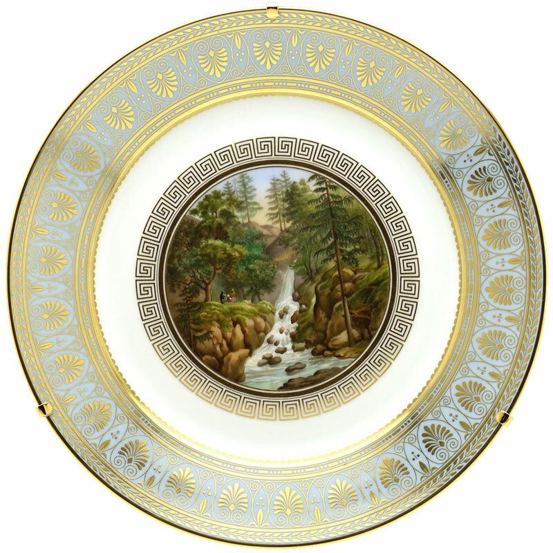 セーブル 絵皿 飾り皿フランスの景色の小さな断片 アルザス渓谷の滝手描き アガサ(瑪瑙色)ブルー 24K金彩縁飾りフランス製 Sevres