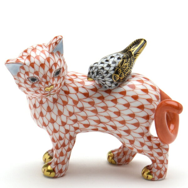 ヘレンド 猫と小鳥赤色と黒色の鱗模様 金彩仕上げ フィギュリン手描き 磁器製 キャット＆バード 置物 飾り物ハンガリー製 Herend
