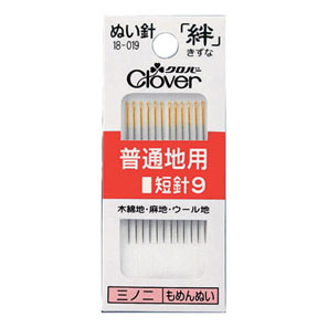 品番:18-019　用途・布地に応じて選べる高品質ぬい針。木綿地、麻地、ウール地などに。ニッケルメッキ後、クロバー独自の先付研磨(先直し)で、針先から0.5mmくらいの所を円すい状に研削し、尖った針先を強化。鋭く、強く、布通りのよい針先にしています。●種類・内容　1包12本入　太さ0.71mm　長さ36.4mm●パッケージサイズ　31×75×3mm・キーワード：手芸 パッチワーク 裁縫 ソーイング 補修cd907031　