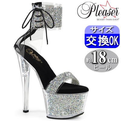 【3ヶ月保証&特典付】プリーザー 厚底 ストラップ サンダル ブラック 約18cmヒール ラインストーン ビジュー ピンヒール ヒール サンダル ポールダンス レディース シューズ 靴 プリーザーヒール Pleaser 公式 SKY-327RSI SKY327RSI/RS-B/RS