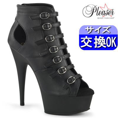 オリジナル特典付 プリーザー 厚底ショートブーツ 黒 合皮 約15cm センチ ヒール オープントゥ ハイヒール ピンヒール ポールダンス ヒール ダンス 用 V系 レディース 靴 大きいサイズ プリーザーヒール Pleaser 公式 DELIGHT-600-11 DEL600-11/BPU/M
