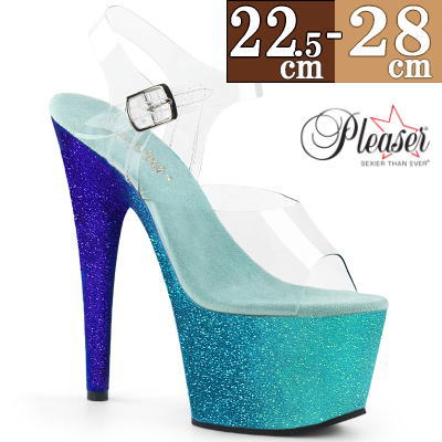 プリーザー 厚底 サンダル 約18cm/センチヒール クリア/ブルー クリアー ラメ ストラップ ハイヒール ピンヒール ポールダンス ヒール ダンス キャバ セクシー レディース シューズ 靴 プリーザーヒール Pleaser 公式 ADORE-708OMBRE ADO708OMBRE/C/AQ-BL