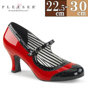 【取寄せ】Pleaser/プリーザー パンプス 赤/黒 7.5cmヒール ブラック レッド エナメル 大きいサイズ ロリータ ファッション コーデ 靴 派手 人気 ストラップ 低め 太ヒール JENNA-06/R-B