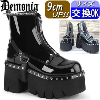 オリジナル特典付 デモニア demonia 厚底 ブーツ 黒 エナメル ショートブーツ ヒールスニーカー コンバ..