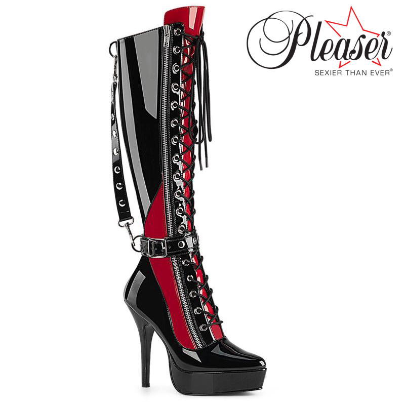 オリジナル特典付 プリーザー 厚底ロングブーツ 黒/赤 13cmヒール エナメル ピンヒール アーモンドトゥ ロック パンク ファッション レディース 靴 プリーザーヒール Pleaser 公式 INDULGE-2028 IND2028/B-R