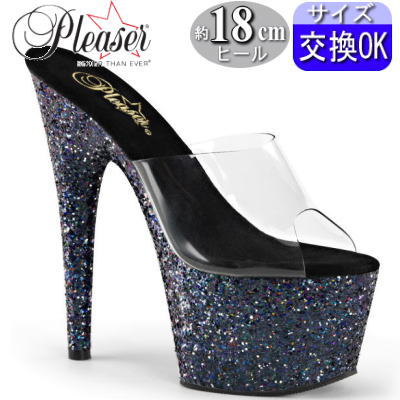 【3ヶ月保証&特典付】プリーザー 厚底 ミュール サンダル 約18cmヒール クリア/ブラック ラメ ハイヒール ピンヒール ヒール セクシー キャバ レディース 靴 プリーザーヒール Pleaser 公式 ADORE-701LG ADO701LG/C/BG