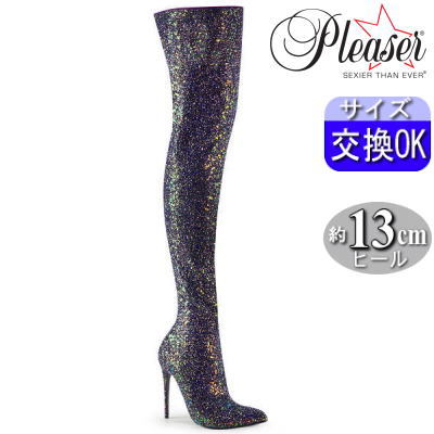 オリジナル特典付プリーザー ロングブーツ ニーハイブーツ サイハイブーツ 5インチ ヒール 黒 ハイヒール ピンヒール ポールダンス ヒール V系 キラキラアル系 レディース 靴 大きい サイズ プリーザーヒール Pleaser 公式 COURTLY-3015 COURTLY3015/BG