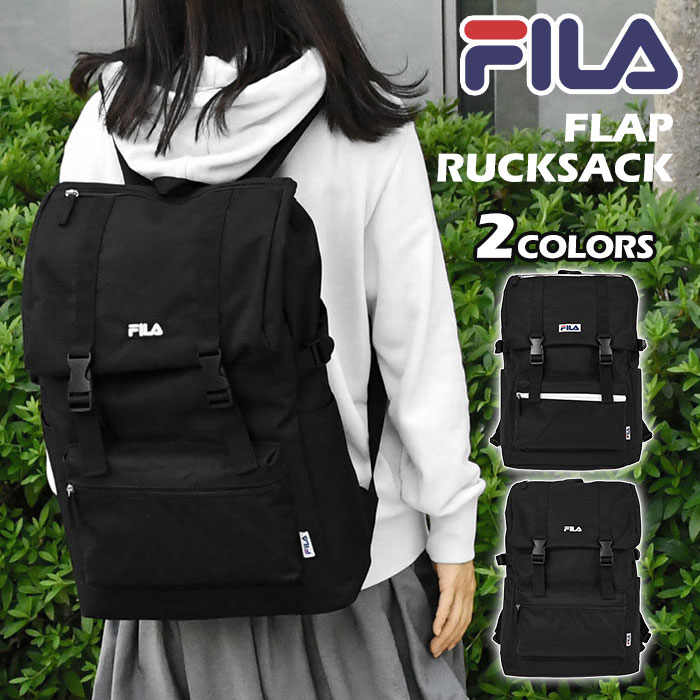 FILA フィラ リュック レディース おしゃれ 大人 通勤 通学 軽量 軽い A4 ブラック 黒 大容量/ ポリキャンバス フラップ /かぶせ リュックサック マザーズバッグ 旅行 登山 キャンプ 大きめ ポケット 多い たくさん シンプル オシャレ 大学生 高校生 ブランド ナイロン/ p