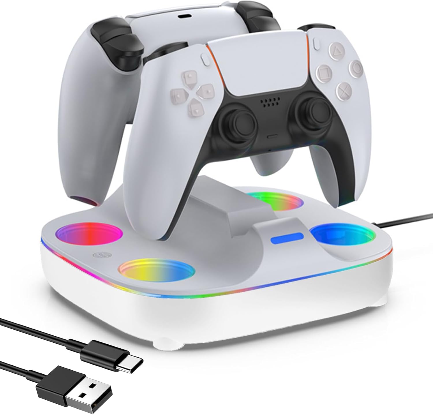 PS5コントローラー充電スタンド 高速充電2.5時間 2台同時充電 過充電防止 USB-Cケーブル付属 LED指示ランプ付き RGB照明モード 簡単設置 高安定性 日本語説明書付き PS5アクセサリー 置くだけ充電 安全充電