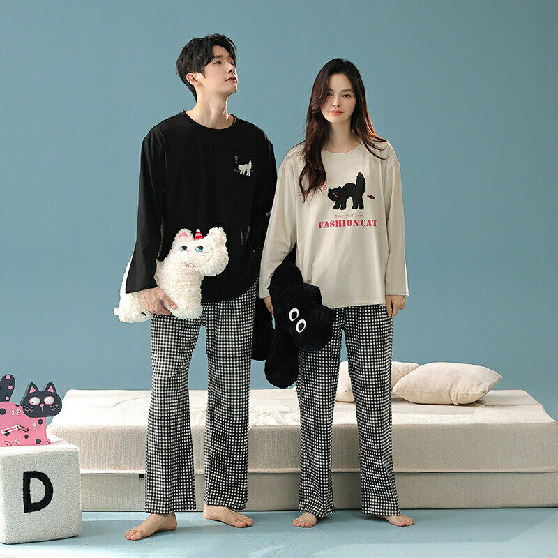 最大5倍ポイント ペア パジャマ 長袖 男女2着 セット 綿100％ 猫 白 黒 セットアップ カップル 抗菌 チェック 秋 ロングパンツ ルームウェア クルーネック 冬 コットン ペアパジャマ 結婚祝い プレゼント お祝い おもしろ 春秋 夫婦 上下セット