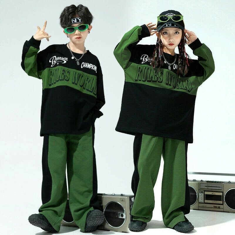 【最大P10】子供服 キッズ ダンス衣装 カーキグリーン 秋冬 Tシャツ 長袖 上下セット セットアップ かっこいい 女の子 男の子 カーゴパンツ ロングパンツ 演出服 発表会 団体服 応援団 HIPHOP ジャズダンス サルエルパンツ 韓国 K-POP ステージ衣装 スポーツ お出かけ