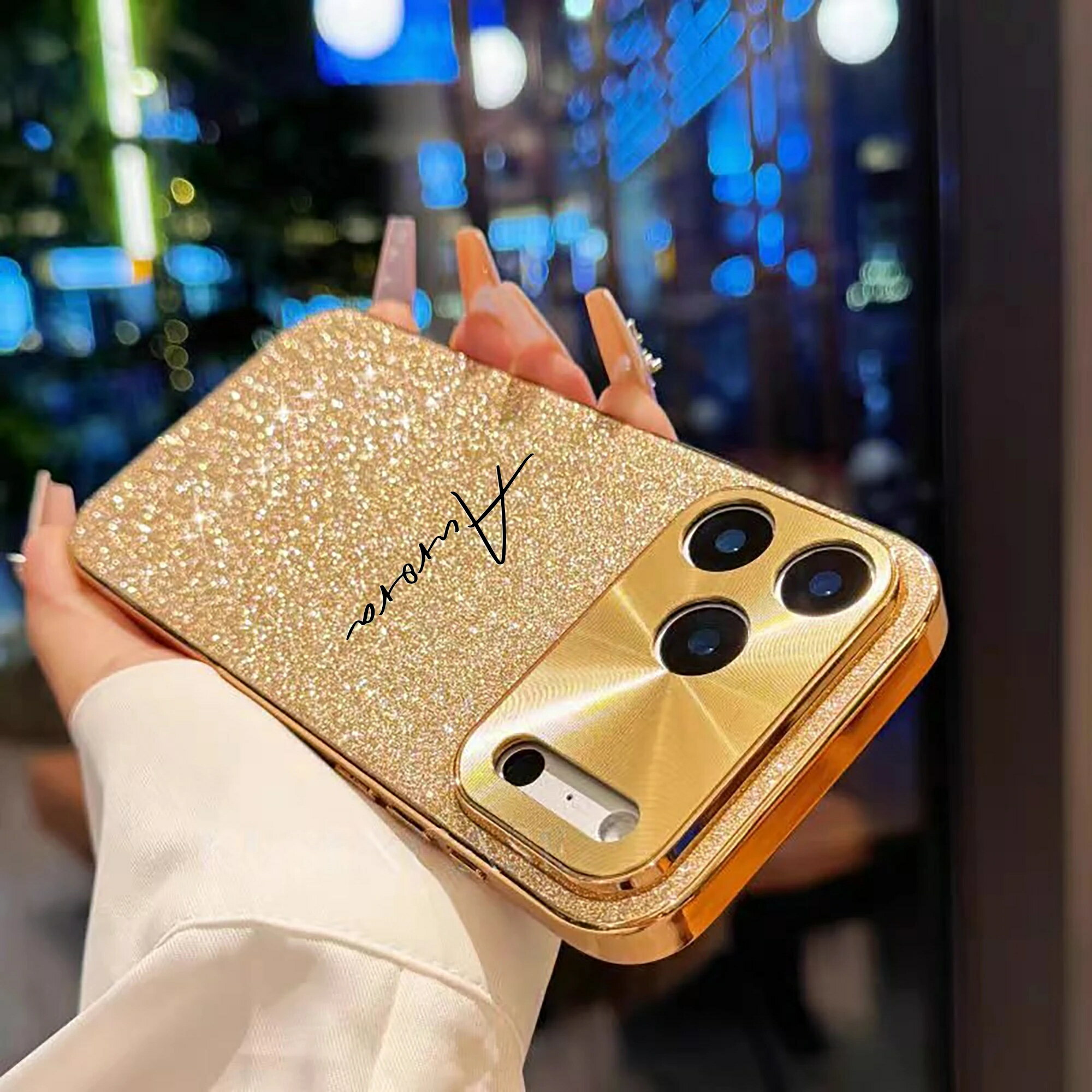 Rakuten - 【名入れ オリジナル スマホケース1】iPhoneケース グリッター ラメ キラキラ iPhone17 16 15 14 13 Pro Max ケース カバー ゴールド ブラック メタリック カメラ保護 筆記体 ロゴ おしゃれ かわいい 高級感 レディース スマホケース 送料無料