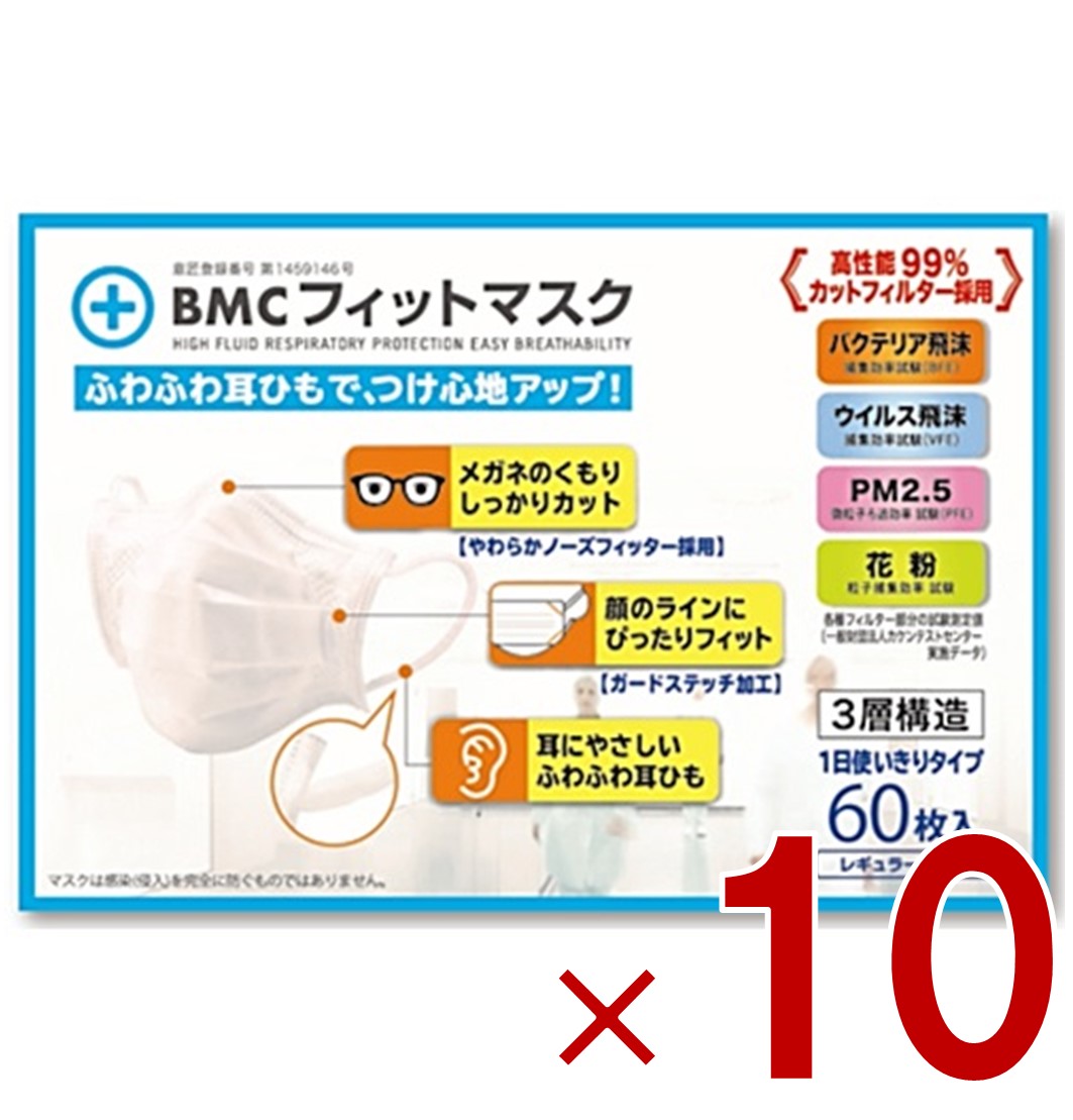 BMC フィットマスク レギュラー 60枚入 1日使い切りタイプ ビーエムシー ふつうサイズ 不織布マスク 耳が痛くなりにくい 10個