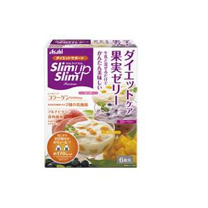 ぷるんと、キレイ。果肉入りが嬉しいダイエットケアゼリー！ 果肉入りのフルーツがたっぷり入ったダイエットケアゼリー ピーチ、ブルーベリー、マンゴーの3種のフルーツ味 　　　　　　　　　　 レベルアップコラーゲン+乳酸菌 美体質乳酸菌がコラーゲンの産生をサポートし、レベルアップコラーゲンが皮膚粘弾性を高めます。 美容ケア・・・レベルアップコラーゲン 5000mg、乳酸菌　35mg、CoQ10 10mg〜25mg、ヒアルロン酸　25mg 栄養バランス・・・ビタミン9種類*、ミネラル 8種類、たんぱく質 6g、食物繊維 6.5g ※栄養素等表示基準値の約1/3量に相当 栄養成分 《1食あたり》 【ピーチ/1袋130g】 熱量・・98kal、たんぱく質・・6.2g、脂質・・0g、糖質・・15g、食物繊維・・6.5g、ナトリウム・・163mg、ビタミンA・・188μg、ビタミンB1・・0.40mg、ビタミンB2・・0.40mg、ビタミンB6・・0.40mg、ビタミンB12・・0.90μg、ビタミンD・・1.0〜3.3μg、ビタミンE・・4.5mg、ナイアシン・・5.8mg、葉酸・・40〜132μg、CoQ10・・10〜25mg、コラーゲン・・5000mg、ヒアルロン酸・・25mg、美体質乳酸菌・・30mg、EC-12株乳酸菌・・5mg 【ブルーベリー/1袋110g】 熱量・・86kal、たんぱく質・・6.2g、脂質・・0g、糖質・・12g、食物繊維・・6.5g、ナトリウム・・158mg、ビタミンA・・188μg、ビタミンB1・・0.40mg、ビタミンB2・・0.40mg、ビタミンB6・・0.40mg、ビタミンB12・・0.90μg、ビタミンD・・1.0〜3.3μg、ビタミンE・・4.5mg、ナイアシン・・5.8mg、葉酸・・40〜132μg、CoQ10・・10〜25mg、コラーゲン・・5000mg、ヒアルロン酸・・25mg、美体質乳酸菌・・30mg、EC-12株乳酸菌・・5mg 【マンゴー/1袋110g】 熱量・・81kal、たんぱく質・・5.9g、脂質・・0g、糖質・・11g、食物繊維・・6.5g、ナトリウム・・155mg、ビタミンA・・188μg、ビタミンB1・・0.40mg、ビタミンB2・・0.40mg、ビタミンB6・・0.40mg、ビタミンB12・・0.90μg、ビタミンD・・1.0〜3.3μg、ビタミンE・・4.5mg、ナイアシン・・5.8mg、葉酸・・40〜132μg、CoQ10・・10〜25mg、コラーゲン・・5000mg、ヒアルロン酸・・25mg、美体質乳酸菌・・30mg、EC-12株乳酸菌・・5mg 内容量 6食（ピーチ・マンゴー・ブルーベリー各2袋） メーカー名 アサヒフードアンドヘルスケア株式会社 お召し上がり方 ◆スタンダードプラン：【約170kcal 】 300ml程度入る大きめのうつわに、スリムアップスリムゼリー1袋分と冷やした牛乳を100ml加えて、よく混ぜれば出来上がり。 ※1/3日分のビタミン量は、栄養素等表示基準値より算出しております。 ◆美味しいプラン(スムージー)：【約170kcal】 製氷皿に、スリムアップスリムゼリーを1袋入れて凍らせたものをグラスに入れ、牛乳100mlを加えてよく混ぜ、ゼリーが溶けたら完成。 使用上のご注意 本品は1食分に必要な全ての栄養素を含むものではありません。 食物アレルギーの認められる方は、パッケージの原材料表記をご確認の上ご使用ください。 体質や体調によりまれにおなかがゆるくなるなど、身体に合わない場合があります。その場合は使用を中止してください。 カロリー制限によるダイエットは、ご使用される方の体質や、健康状態によっては体調を崩される場合があります。 妊娠・授乳中の方は、本品の使用をお控えください。 現在治療を受けている方は、医師にご相談ください。 開封後はチャックをしっかり閉め、お早めにお召し上がりください。 組織上のものや小さい黒い粒が入っている場合がありますが、果肉の一部で品質に問題はありません。 小児の手の届かないところに置いてください。 高温多湿、直射日光をさけて保存してください。 商品区分 ダイエット 広告文責 株式会社良品（070-1821-1361）　