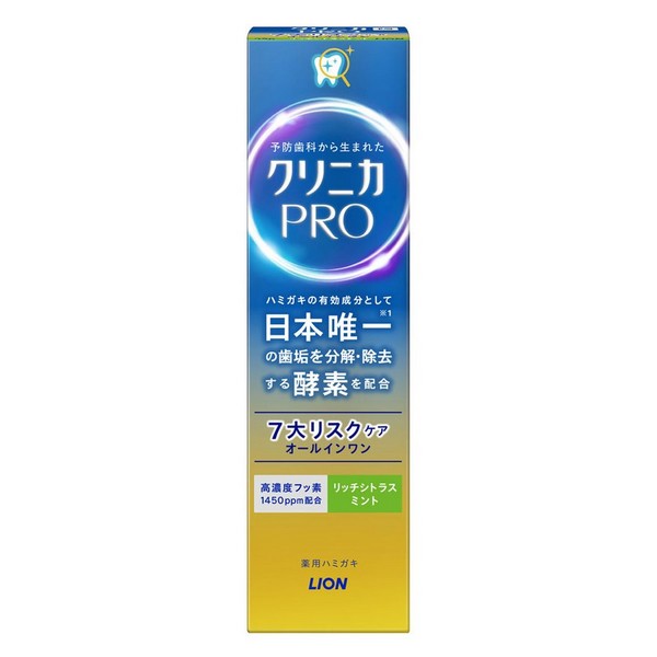 ※商品リニューアル等によりパッケージデザイン及び容量は予告なく変更されることがあります ■ お口の様々なリスクの原因である「歯垢」を、日本で唯一、分解・除去する有効成分「酵素※1」配合。 生涯7大リスク※2をケアするオールインワン処方 ■ 生涯7大リスク※2をケア 1.酵素が歯垢を分解・除去し、ツルツルな歯へ 2.ムシ歯を防ぐ。高濃度フッ素（1450ppm）配合※3。フッ素が歯の根元まで密着ガード※4 3.歯周病※5を防ぎ、健康な歯ぐきを保つ 4.知覚過敏による、しみる痛みを防ぐ 5.原因菌を殺菌、口臭を防ぐ 6.歯を白くする 7.歯石沈着を防ぐ（ブラッシングによる） ※3 本製品の6歳未満のお子様へのご使用はお控えください ※4 高粘性ペースト＋コーティング剤PCA（ピロリドンカルボン酸） ※5 歯肉炎・歯周炎の総称 ■ 上質でやすらぐ「リッチシトラスミント」 効能 歯垢の付着の予防及び除去、ムシ歯の発生及び進行の予防、歯周病（歯肉炎・歯周炎）を防ぐ、歯がしみるのを防ぐ、口臭の防止、歯を白くする、口中を浄化する、口中を爽快にする 成分 湿潤剤 ソルビット液 湿潤剤 PG 清掃剤 無水ケイ酸A コーティング剤 DL-ピロリドンカルボン酸ナトリウム液 コーティング剤 ヒドロキシエチルセルロースジメチルジアリルアンモニウムクロリド 薬用成分 硝酸カリウム 薬用成分 フッ化ナトリウム（フッ素として1450ppm） 薬用成分 デキストラナーゼ（DEX） 薬用成分 ラウロイルサルコシンNa（LSS） 薬用成分 酢酸トコフェロール（ビタミンE） 発泡剤 ヤシ油脂肪酸アミドプロピルベタイン液 発泡剤 POE硬化ヒマシ油 発泡剤 POEステアリルエーテル 粘度調整剤 無水ケイ酸 粘度調整剤 キサンタンガム 香味剤 香料（フレッシュクリーンミントタイプ / リッチシトラスミントタイプ） 香味剤 サッカリンNa 安定剤 酸化Ti 安定剤 DL-アラニン 安定剤 グリセリン脂肪酸エステル 粘結剤 アルギン酸Na 清掃助剤 ポリアクリル酸Na 清涼剤 メントール 洗浄剤 テトラデセンスルホン酸Na 内容 95g ご注意 6才未満への使用は控え、子供の手の届かない所に保管する。 お口のまわりの傷などに直接つけない。 発疹などの異常が現れたときは使用を中止し、商品を持参し医師に相談する。 製造販売元 ライオン株式会社 130-8644 東京都墨田区本所1丁目3番7号 0120-556-913 製造国 日本 商品区分 医薬部外品 広告文責 株式会社良品（070-1821-1361）